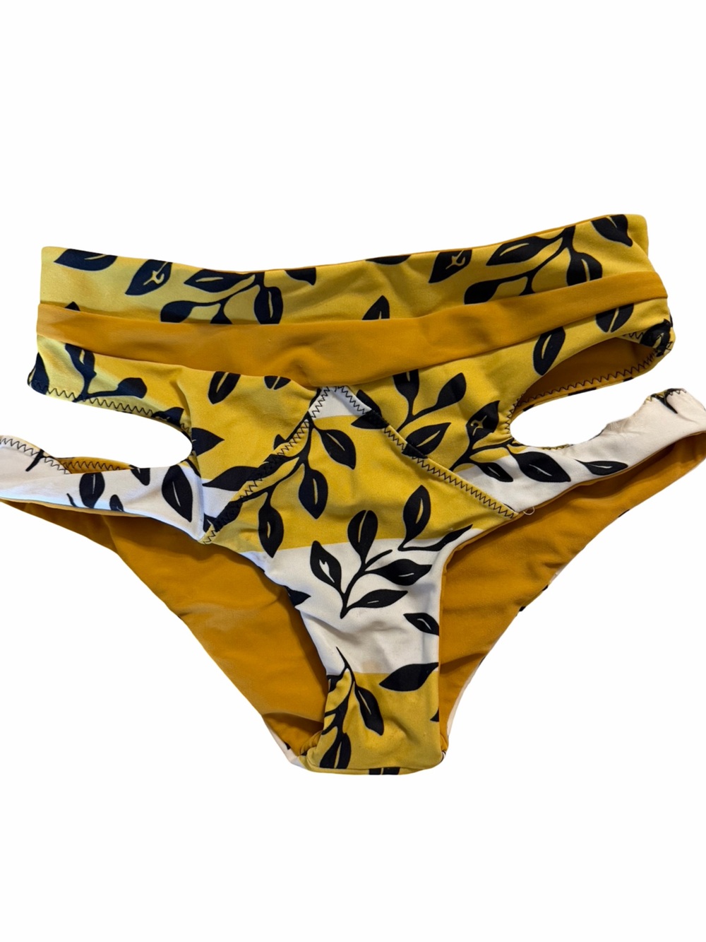 XS One-Piece Swimsuit in Mustard Yellow with Black Leaf Print cut out bottoms